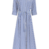 Blue and white striped dress with a belt on a white background