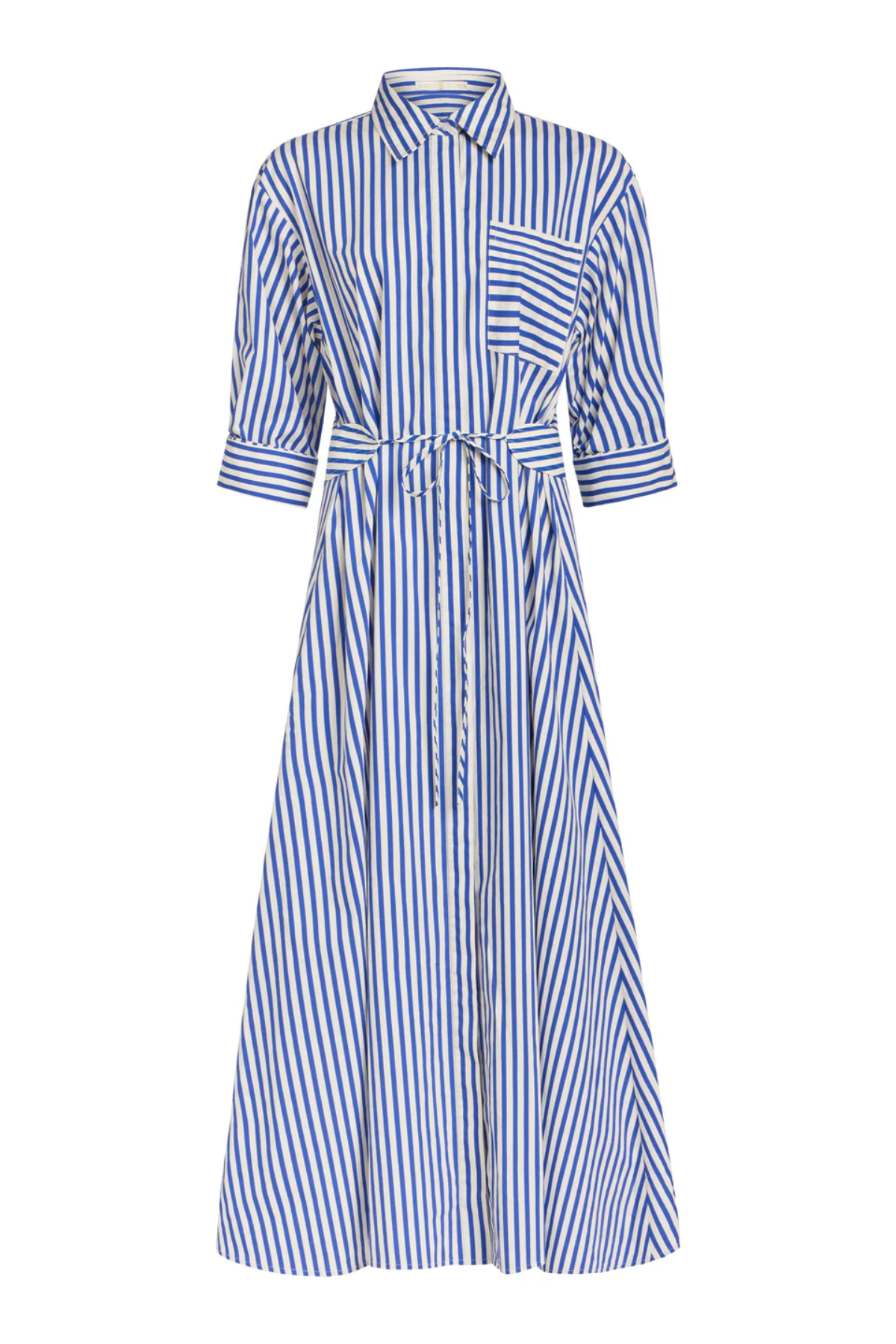Blue and white striped dress with a belt on a white background