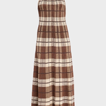 A sleeveless halter-neck maxi dress with a brown, beige, and black plaid pattern, displayed on a neutral light gray background.