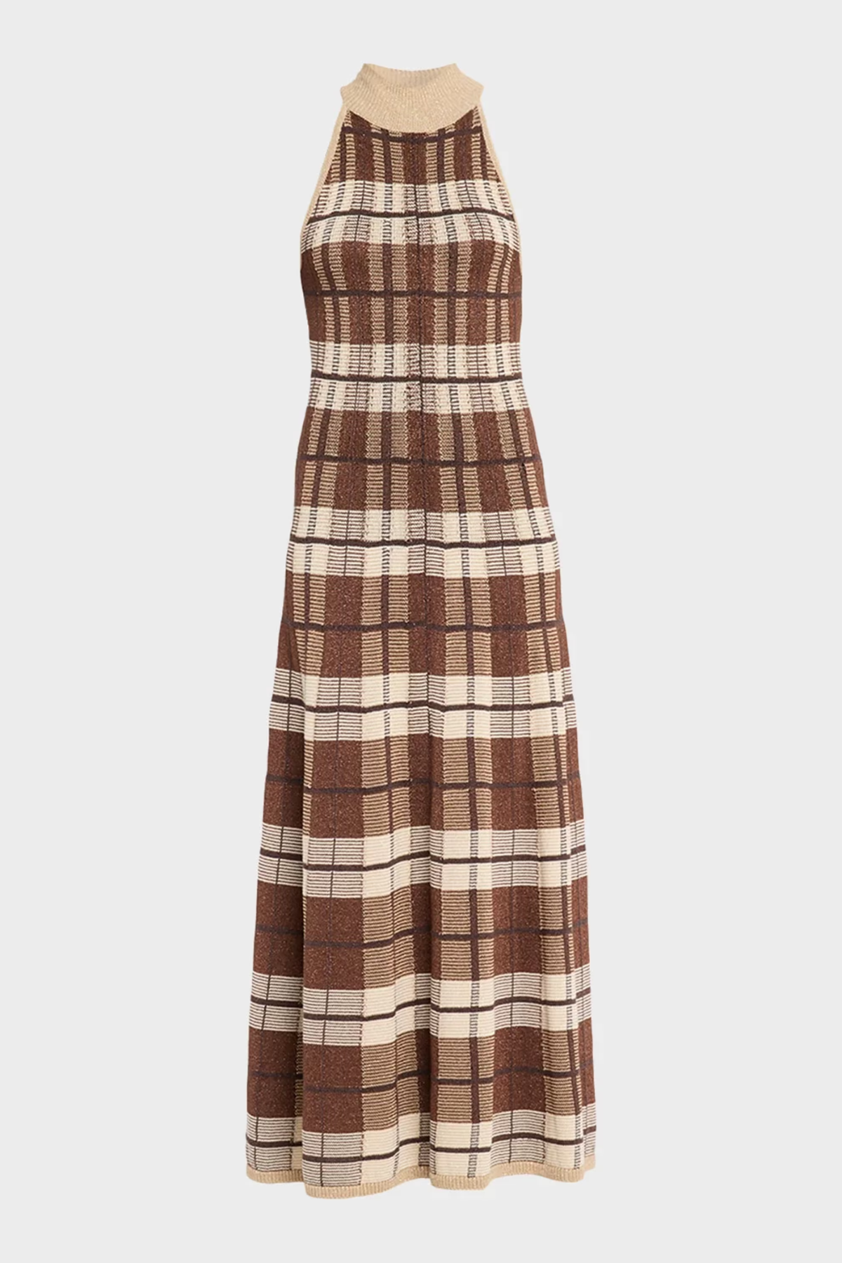 A sleeveless halter-neck maxi dress with a brown, beige, and black plaid pattern, displayed on a neutral light gray background.
