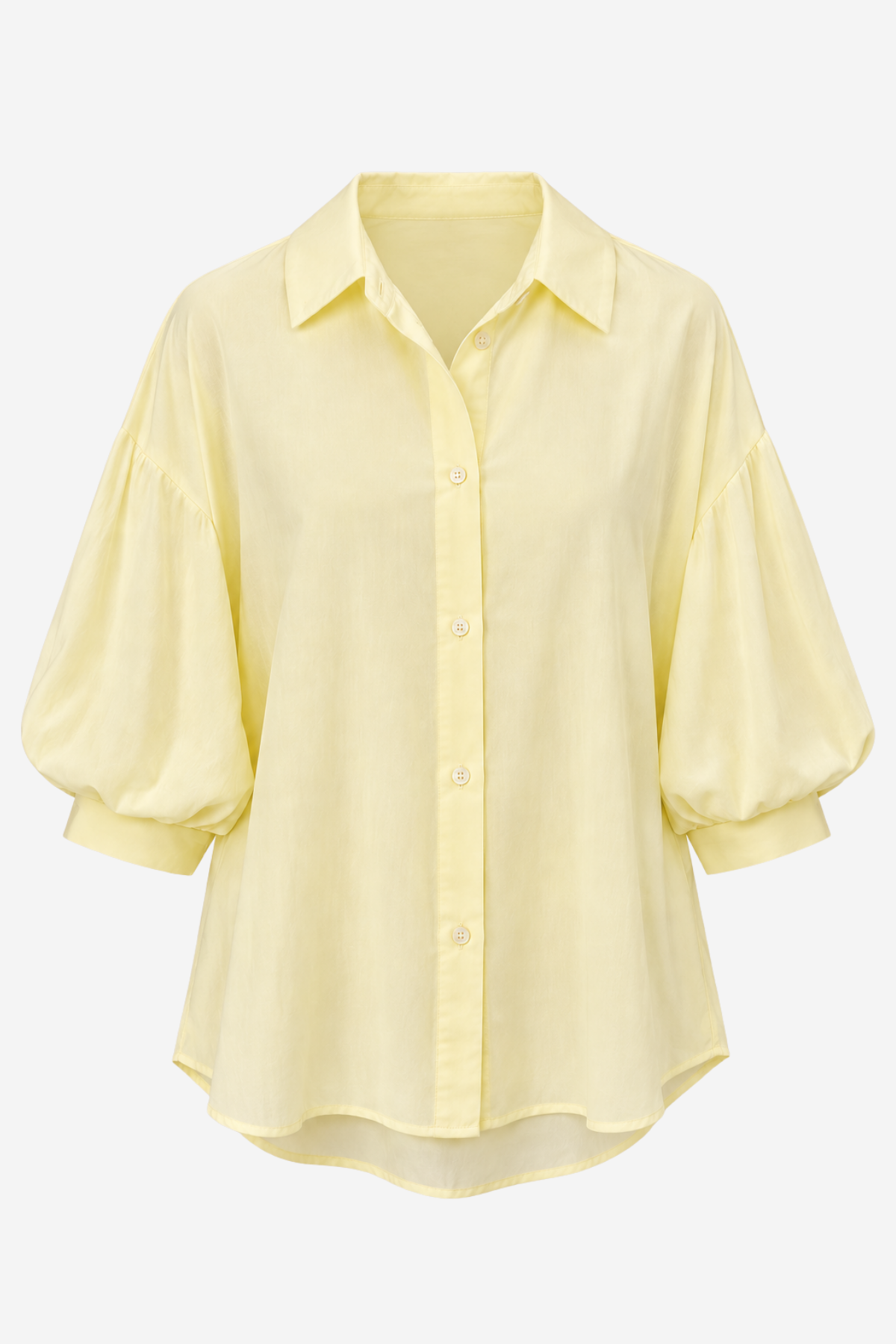 A pale yellow button-up blouse with a pointed collar, 3/4 puff sleeves, and a relaxed silhouette, shown against a plain white background.