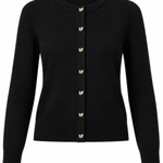 A black long-sleeve knit cardigan sweater with decorative gold-tone metal button accents on the front, shown against a plain white background.