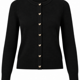 A black long-sleeve knit cardigan sweater with decorative gold-tone metal button accents on the front, shown against a plain white background.
