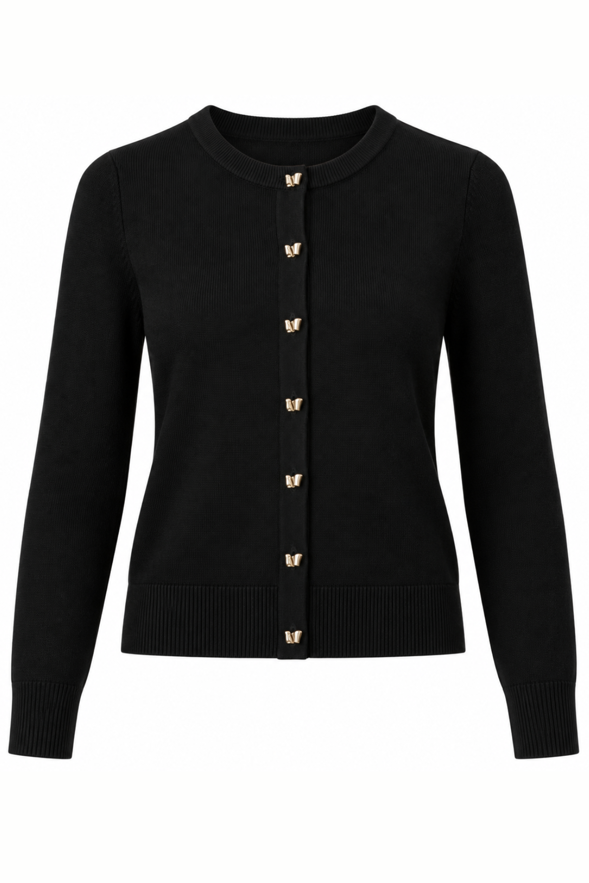 A black long-sleeve knit cardigan sweater with decorative gold-tone metal button accents on the front, shown against a plain white background.