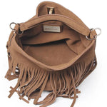 Brown suede handbag with fringe details on a white background