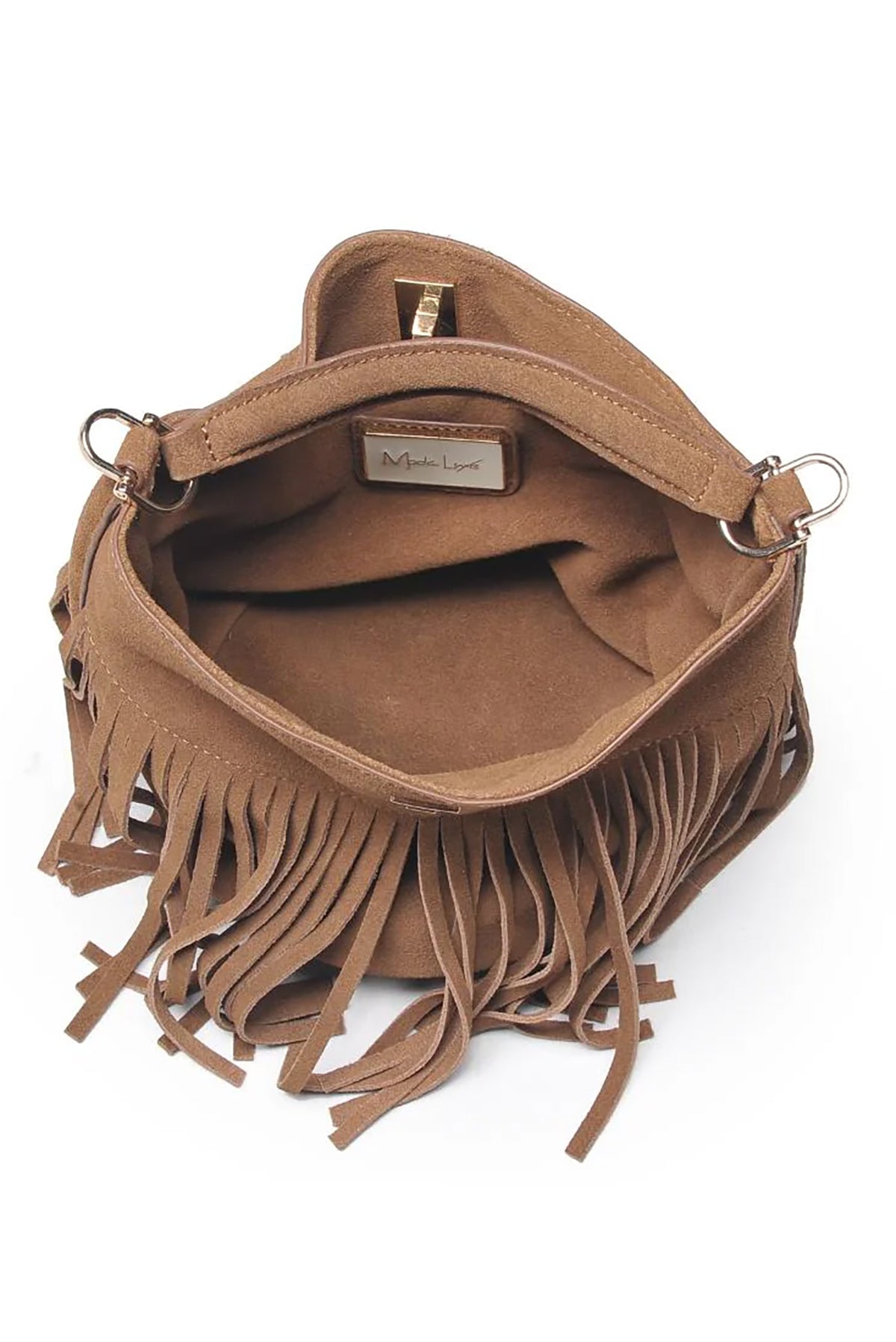 Brown suede handbag with fringe details on a white background