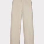 A pair of high-waisted, wide-leg trousers in a light beige or oatmeal color, shown flat against a light gray background.