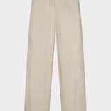A pair of high-waisted, wide-leg trousers in a light beige or oatmeal color, shown flat against a light gray background.