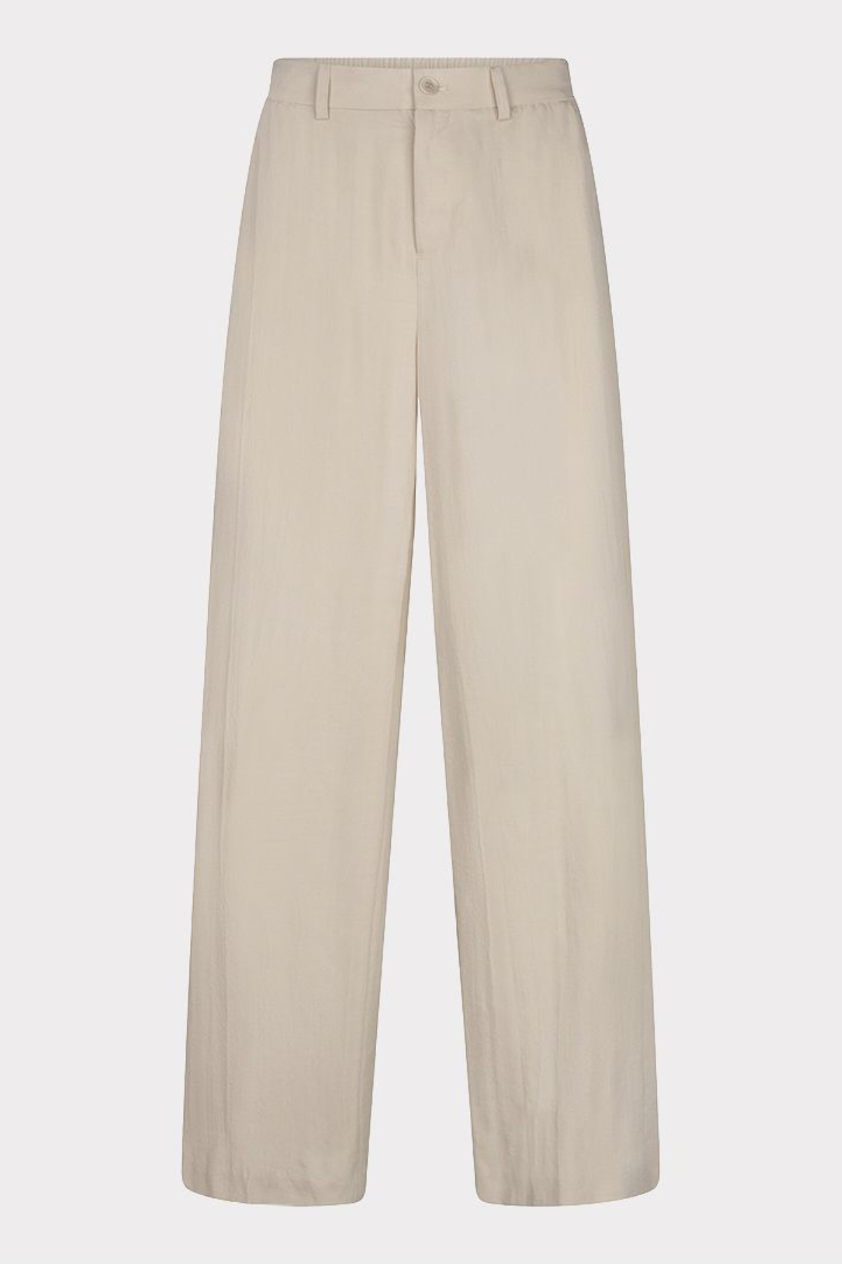 A pair of high-waisted, wide-leg trousers in a light beige or oatmeal color, shown flat against a light gray background.