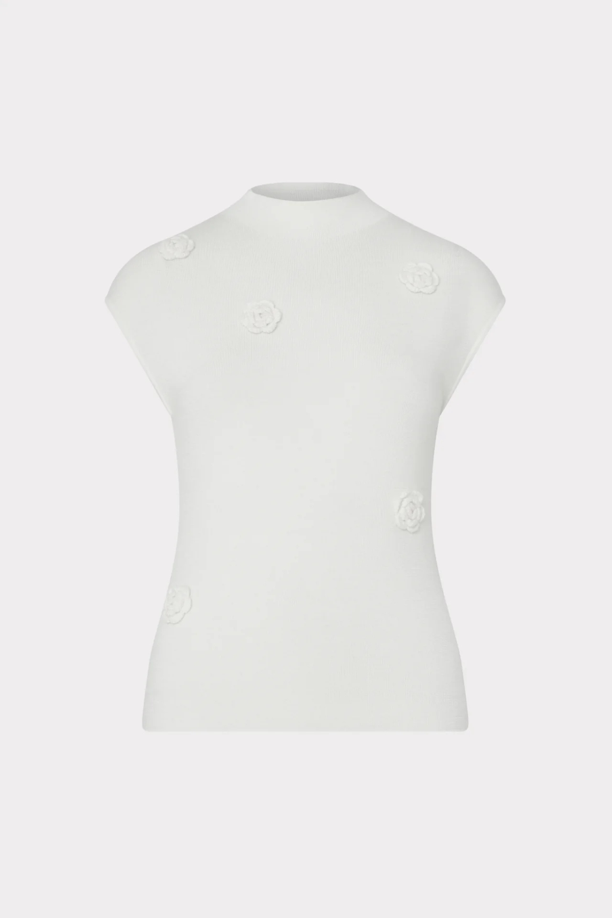 A white mock-neck knit top with cap sleeves, featuring small raised fabric flower embellishments on the front, displayed on a ghost mannequin against a light gray background.