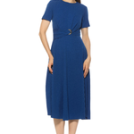 Woman wearing a blue dress on a white background