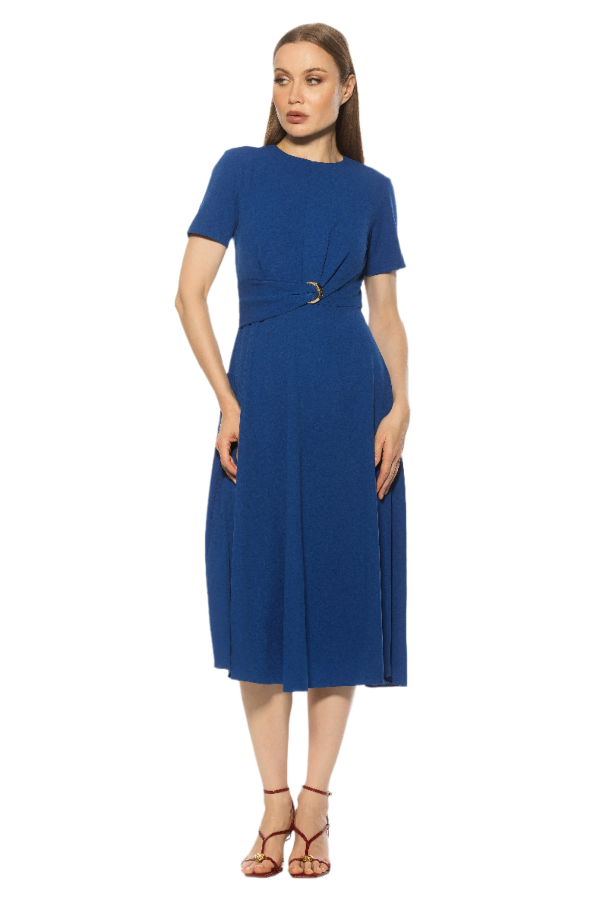 Woman wearing a blue dress on a white background