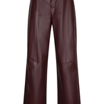 A pair of high-waisted, wide-leg trousers in a deep burgundy faux leather, shown against a plain white background.