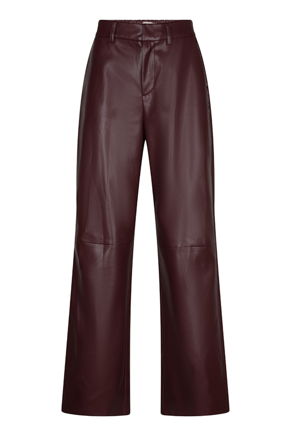 A pair of high-waisted, wide-leg trousers in a deep burgundy faux leather, shown against a plain white background.