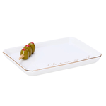 A rectangular white ceramic serving tray with a thin gold rim and the cursive text 'Olive you so much' printed in gold near one corner. Three green olives on a wooden pick are placed on the tray, which is photographed against a seamless white background.