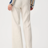 Model wearing white high-rise stretch denim wide-leg jeans with a full-length silhouette.