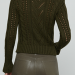 An olive green cable-knit cropped sweater with openwork details on the back, shown on a model from behind against a light gray background.