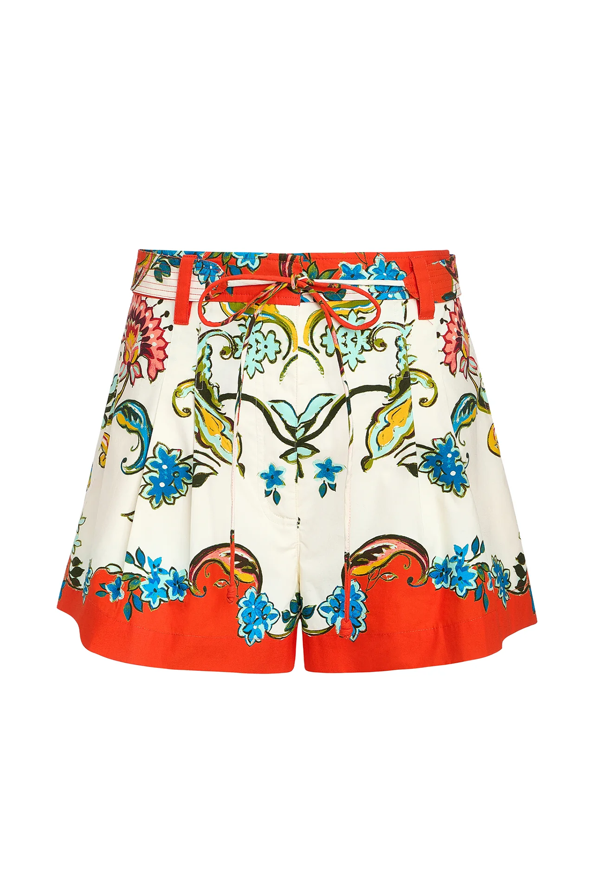Colorful floral-patterned shorts with a red border on a white background