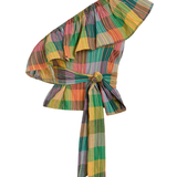 Colorful plaid headscarf on a white background