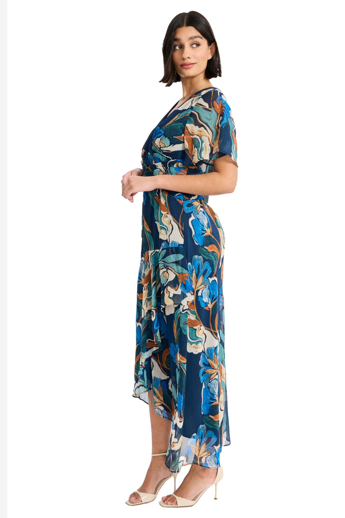 Model wearing a blue printed short-sleeve midi dress featuring a flattering waist and flowing skirt.