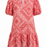 Red bandana print V-neck mini dress with short sleeves and a relaxed silhouette.
