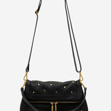 A black leather shoulder bag with gold-tone studs and hardware, featuring a long shoulder strap and a front zip closure, shown against a plain white background.