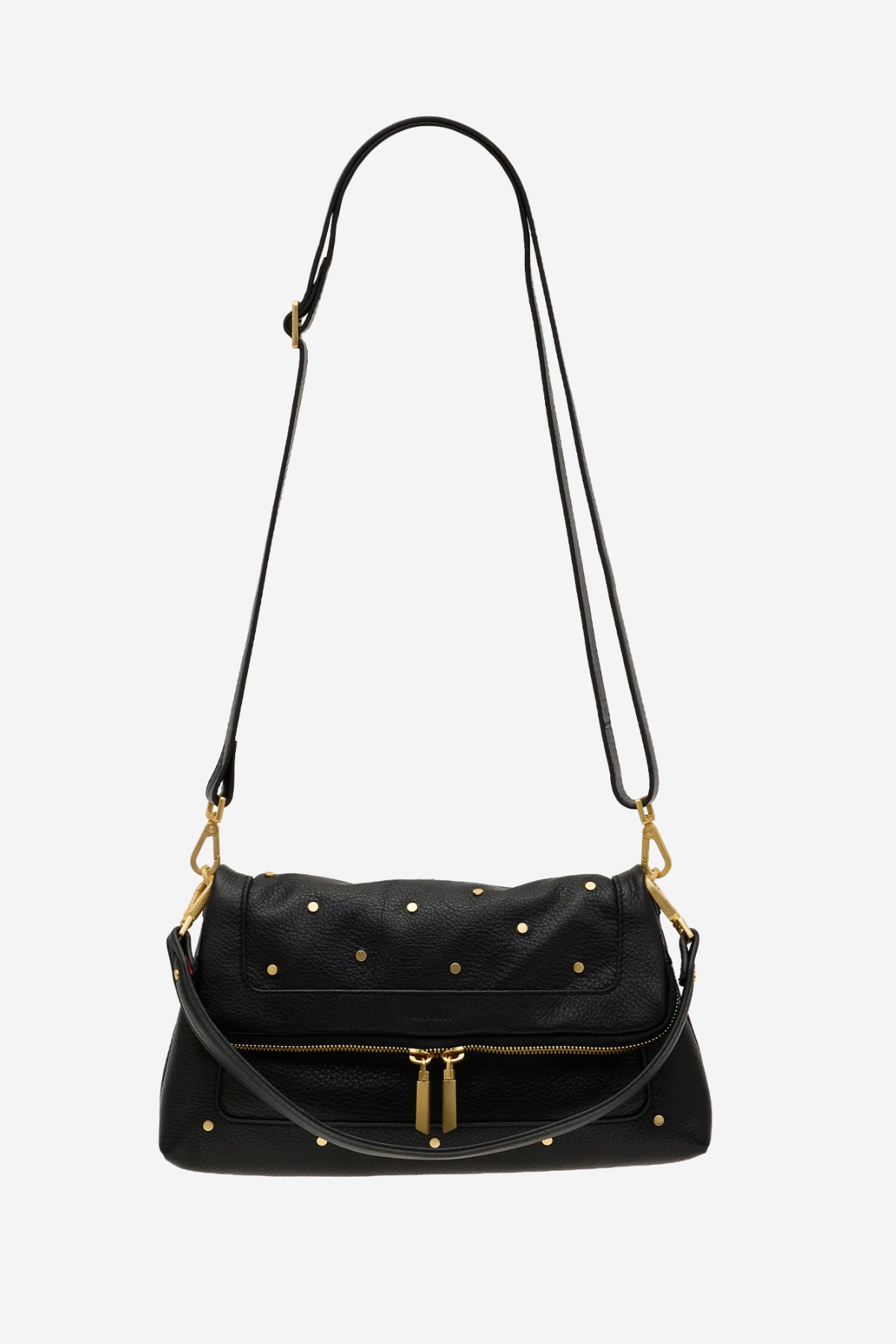 A black leather shoulder bag with gold-tone studs and hardware, featuring a long shoulder strap and a front zip closure, shown against a plain white background.