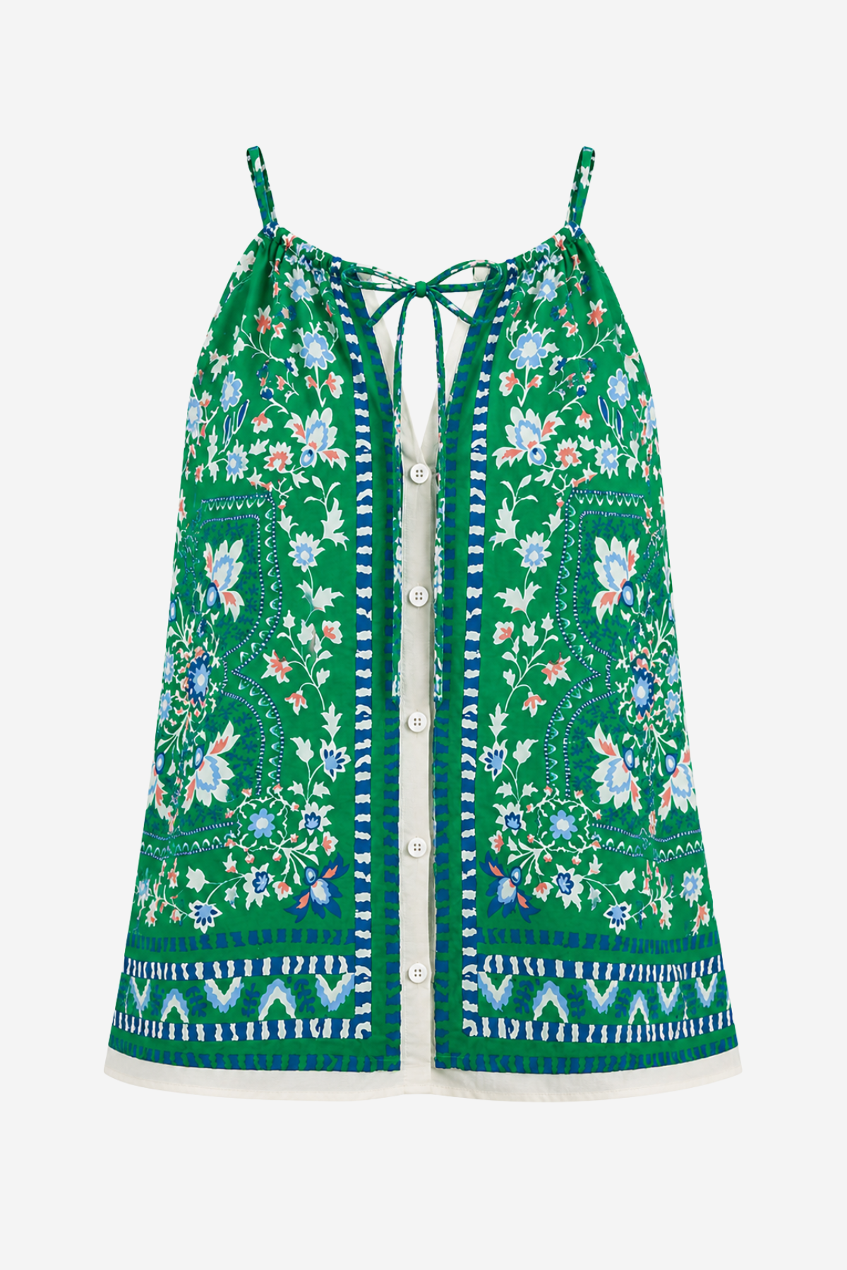 A green sleeveless camisole top with a colorful floral and paisley print, featuring thin shoulder straps, a front tie closure, and a button-up front, shown against a plain light gray background.