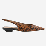A single pointed-toe slingback shoe in brown and black leopard print with a low black block heel, shown in profile against a light gray background.