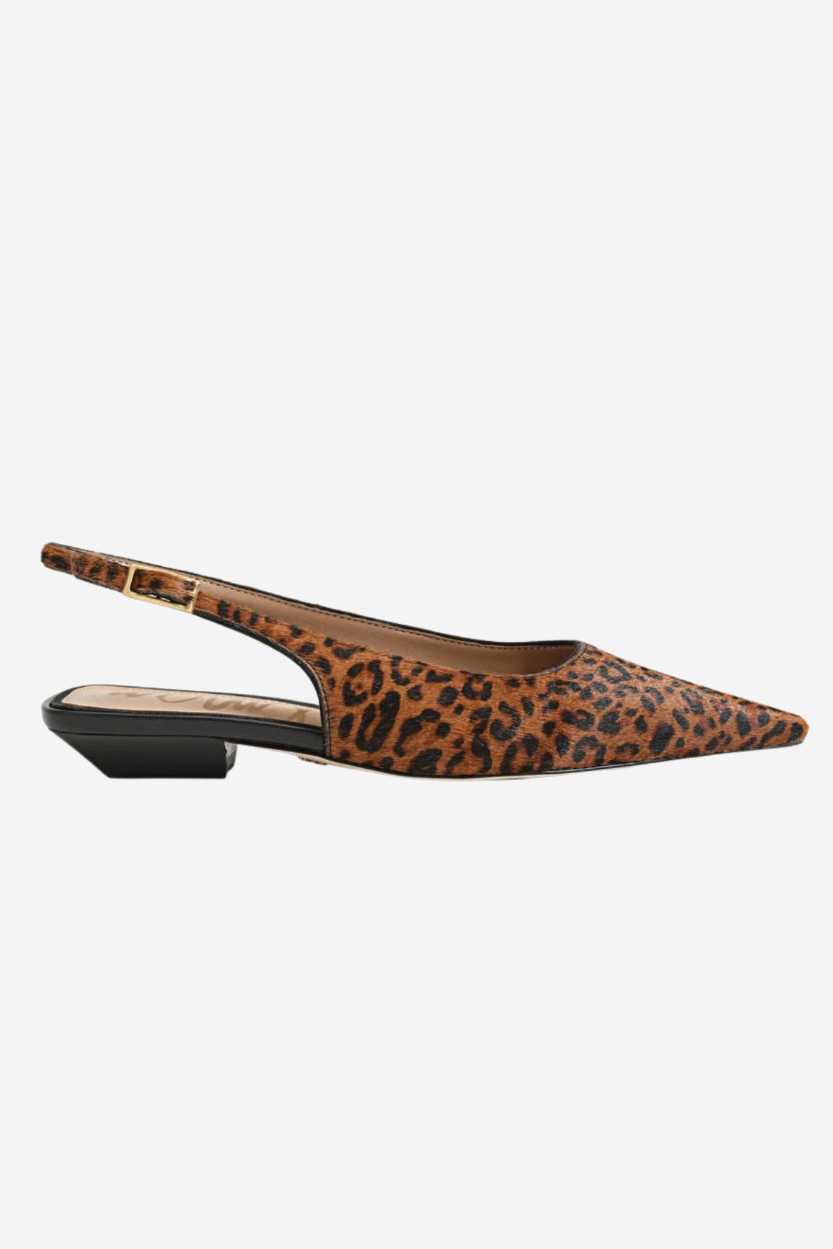 A single pointed-toe slingback shoe in brown and black leopard print with a low black block heel, shown in profile against a light gray background.