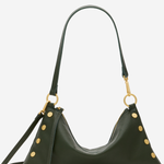 An olive green crescent-shaped shoulder bag with gold-tone studs and hardware, shown against a plain white background.