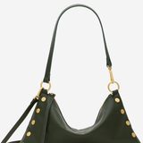 An olive green crescent-shaped shoulder bag with gold-tone studs and hardware, shown against a plain white background.
