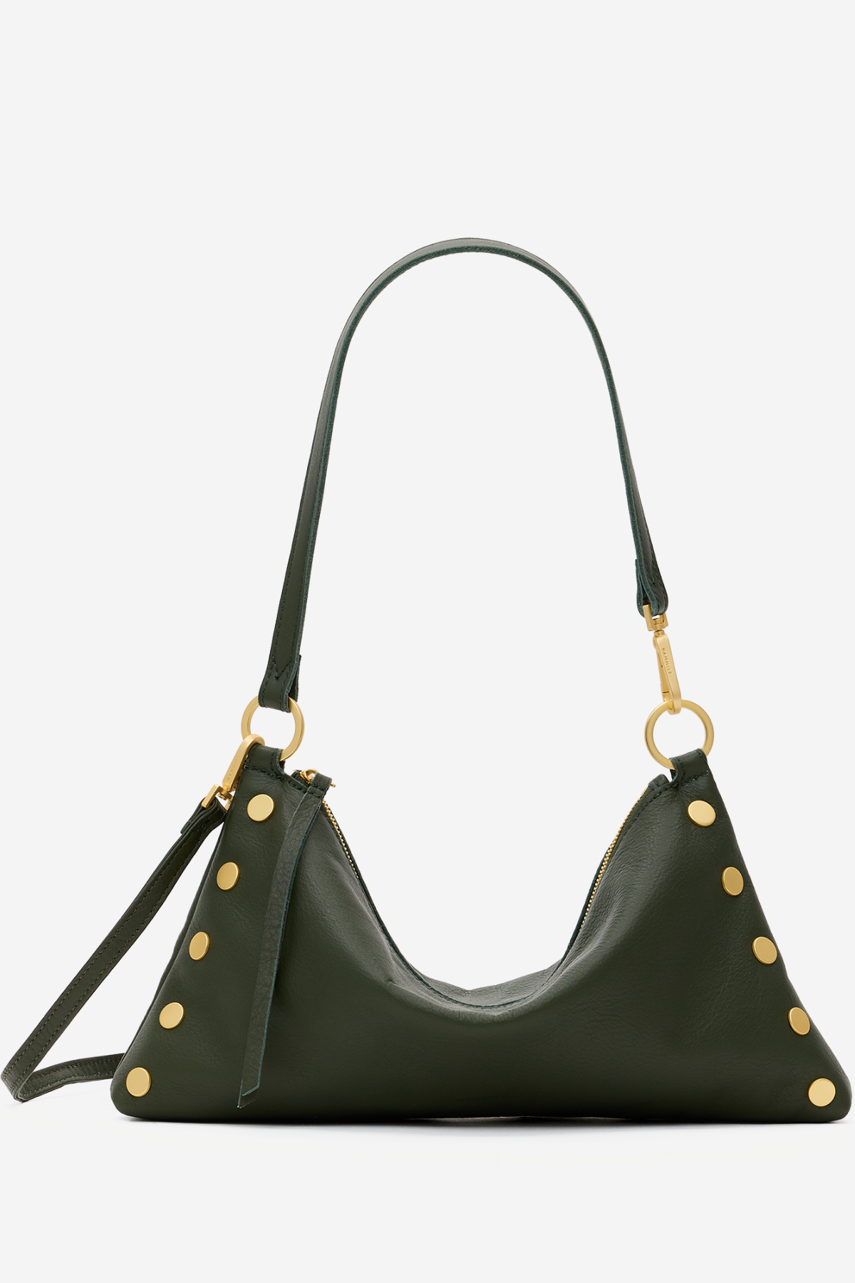 An olive green crescent-shaped shoulder bag with gold-tone studs and hardware, shown against a plain white background.