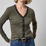 A woman wearing a ribbed long-sleeve cardigan with horizontal olive green and black stripes, paired with blue jeans and a black belt, against a plain light gray studio background.