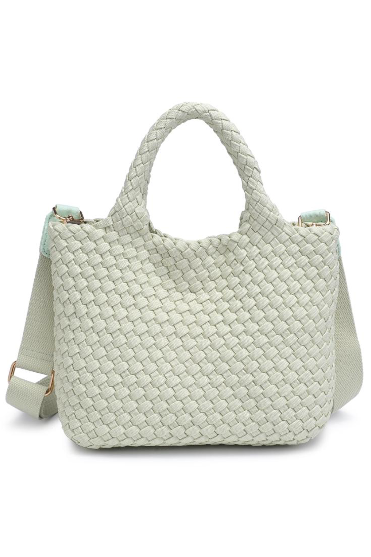 Light green woven handbag on a white background