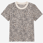 A short-sleeve crewneck t-shirt featuring an all-over leopard print pattern in black on a warm beige background, with a solid cream-colored ribbed collar.
