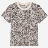 A short-sleeve crewneck t-shirt featuring an all-over leopard print pattern in black on a warm beige background, with a solid cream-colored ribbed collar.