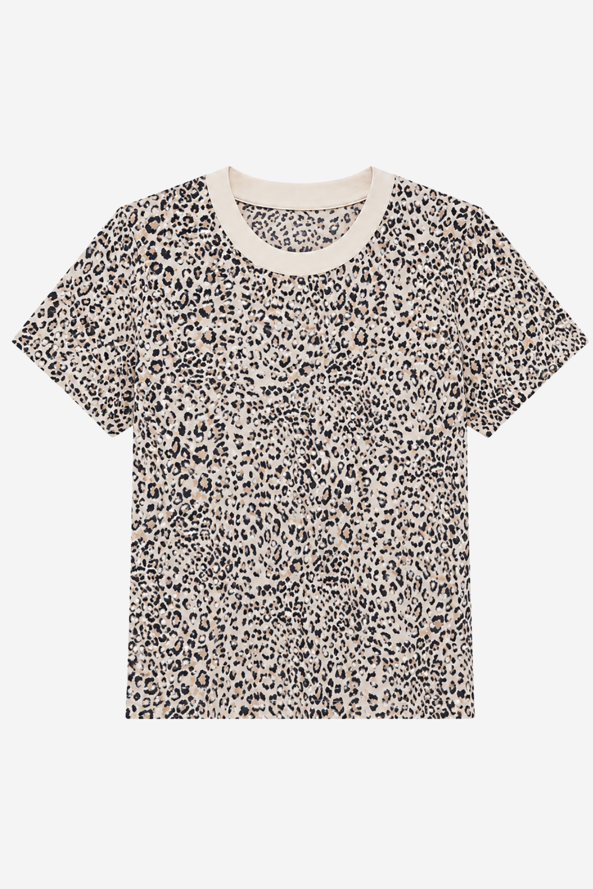 A short-sleeve crewneck t-shirt featuring an all-over leopard print pattern in black on a warm beige background, with a solid cream-colored ribbed collar.