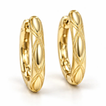 A pair of gold huggie hoop earrings with a textured, diamond-crossing pattern on a clean white background.