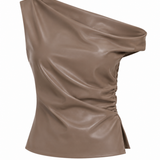 Women's taupe faux leather top featuring an asymmetric neckline and sleek, structured silhouette