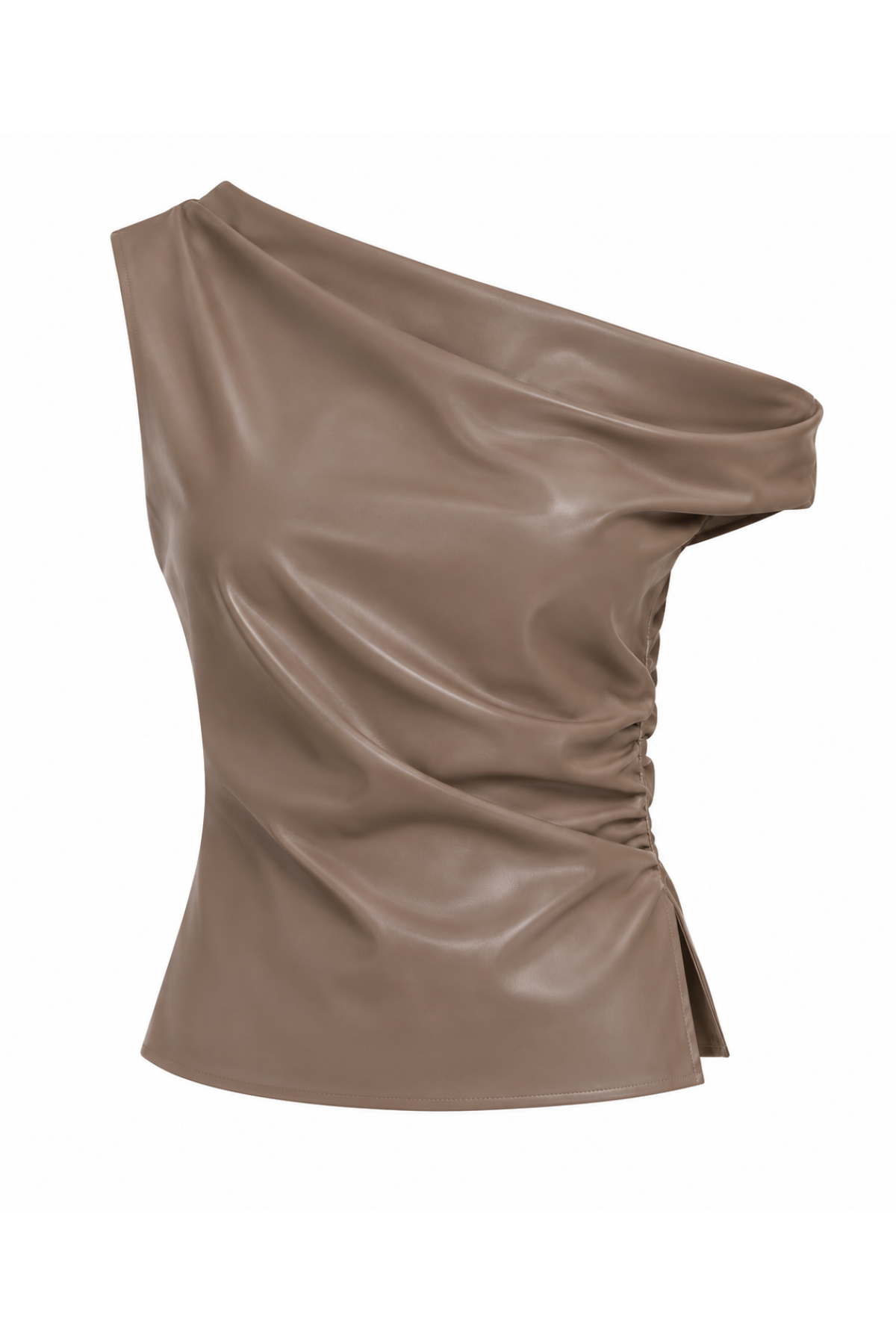 Women's taupe faux leather top featuring an asymmetric neckline and sleek, structured silhouette