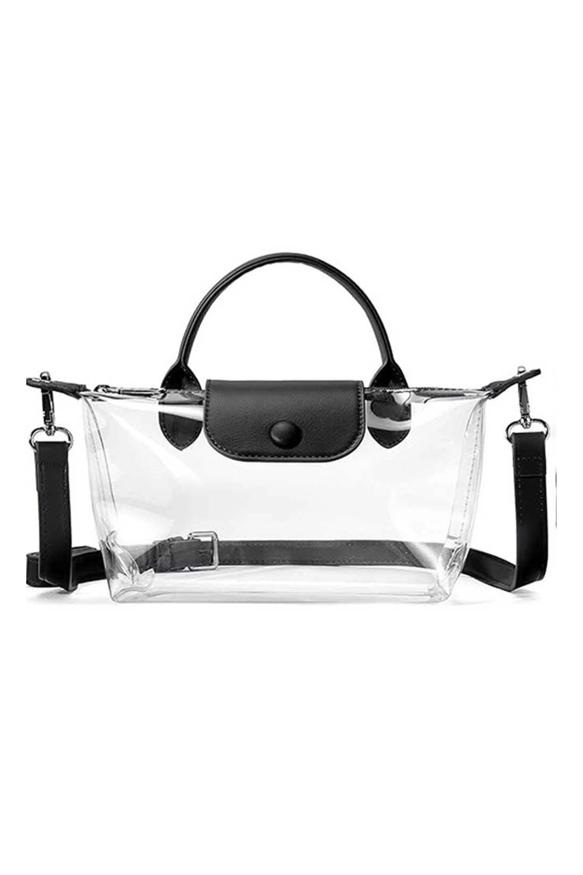 Clear handbag with black handle and straps on a white background