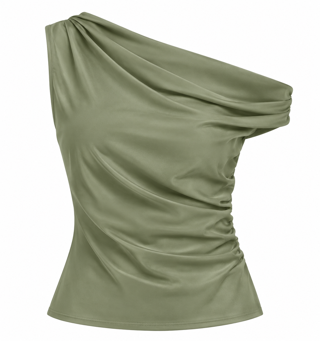 Women's olive green off-the-shoulder knit top featuring a folded neckline and fitted silhouette.