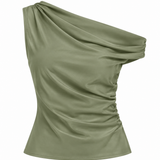 Women's olive green off-the-shoulder knit top featuring a folded neckline and fitted silhouette.