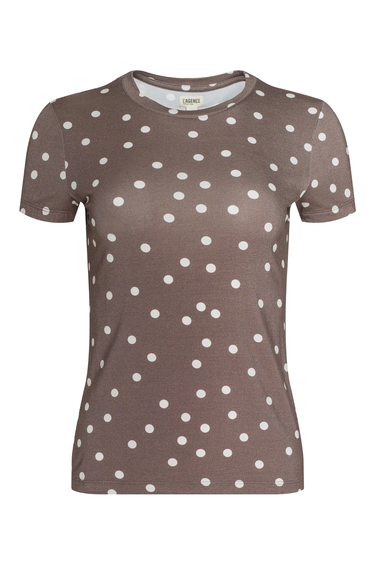 Brown t-shirt with white polka dots on a white background