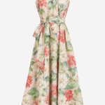 A sleeveless A-line maxi dress with a floral print, featuring a tie waist belt and a V-neckline, shown against a plain light gray background.