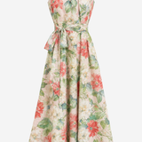 A sleeveless A-line maxi dress with a floral print, featuring a tie waist belt and a V-neckline, shown against a plain light gray background.