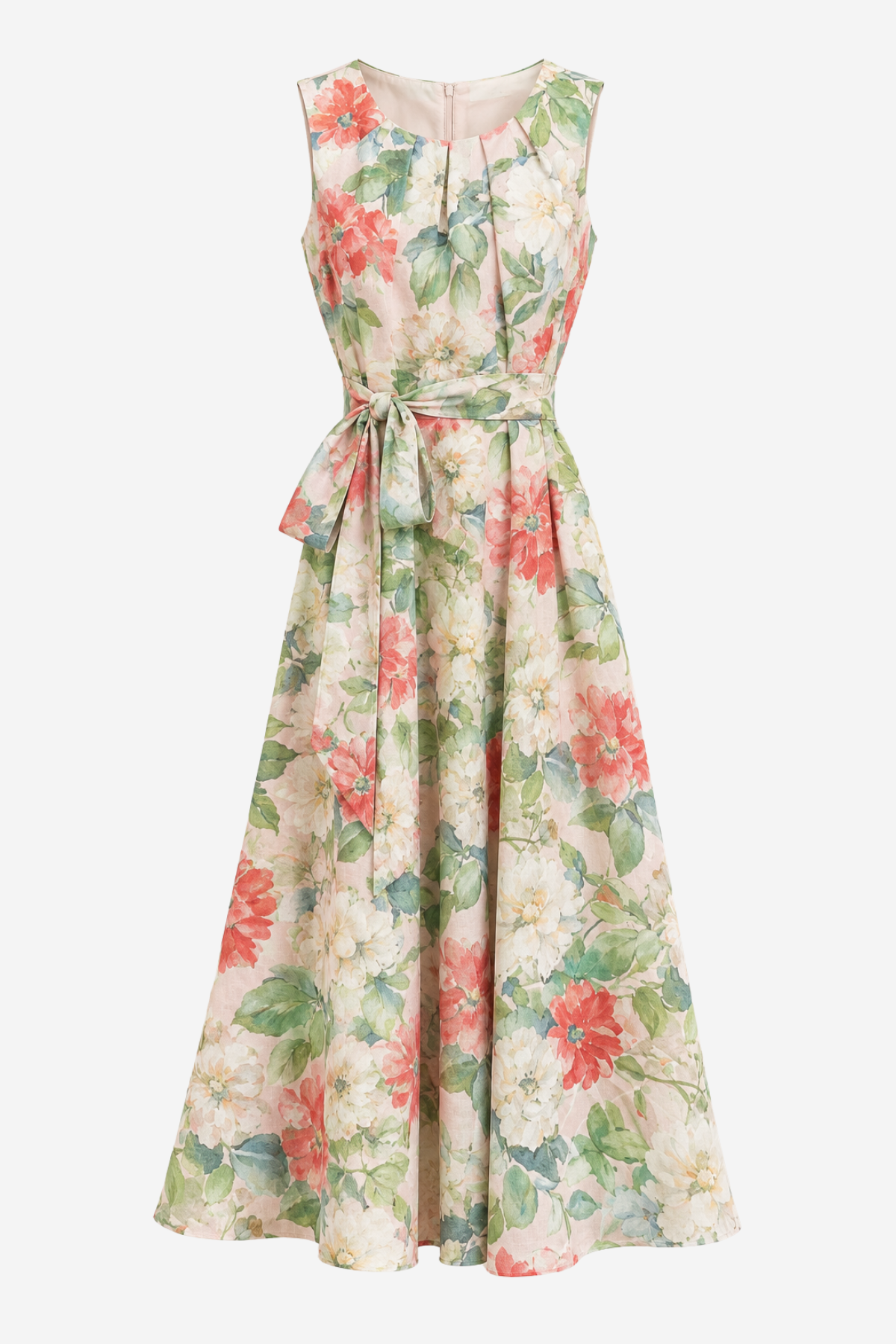 A sleeveless A-line maxi dress with a floral print, featuring a tie waist belt and a V-neckline, shown against a plain light gray background.