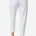 Women's lightweight white jogger pants featuring a drawstring waistband, side pockets, and tapered leg.
