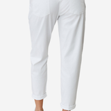 Women's lightweight white jogger pants featuring a drawstring waistband, side pockets, and tapered leg.